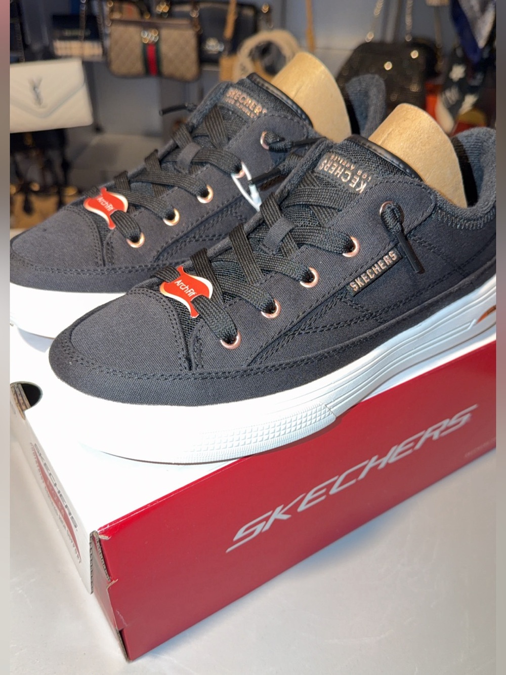 Skechers Ladies Black Canvas Lace-Up Sneakers with White Sole great Fall Sneaker
